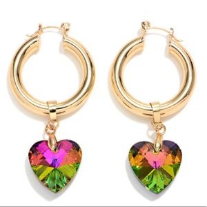 Oil Spill Crystal Heart Gold Tone Hoop Drop Earrings